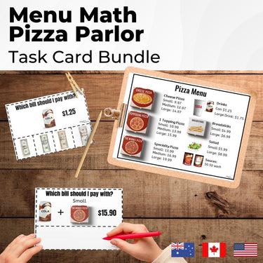 Menu Math Pizza Parlor 4 Task Card Decks (Printable PDF) Menu Math - AdaptEd4SpecialEd